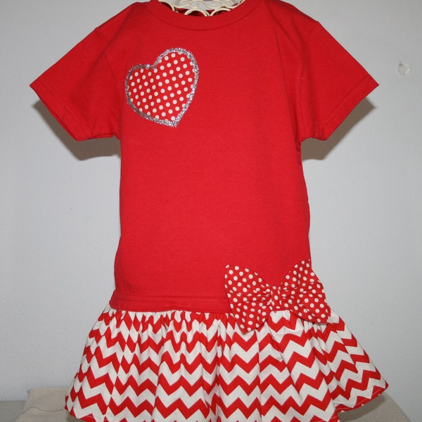 5/6 Girls Cute Red Holiday Dress White Dots on Red and Red Chevron T Shirt Dress Youth Dresses