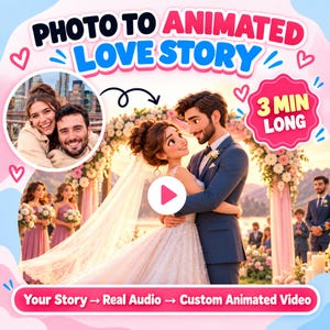 May include: A digital graphic titled PHOTO TO ANIMATED LOVE STORY featuring a circular inset of a couple, a central animated scene of a bride and groom at an altar, and a pink badge stating 3 MIN LONG. Text at the bottom reads Your Story → Real Audio → Custom Animated Video.