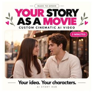 May include: A digital service advertisement titled YOUR STORY AS A MOVIE CUSTOM CINEMATIC AI VIDEO. It features a 3-minute duration label and an image of two people in cream-colored sweaters. Text includes MADE TO ORDER and Your idea. Your characters.