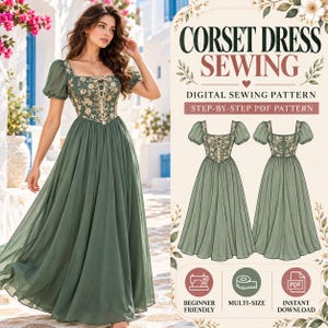 May include: A digital sewing pattern for a corset dress featuring a sage green floor-length skirt, puff sleeves, and a floral bodice with lace-up detailing. The graphic includes text reading CORSET DRESS SEWING, DIGITAL SEWING PATTERN, and STEP-BY-STEP PDF PATTERN.