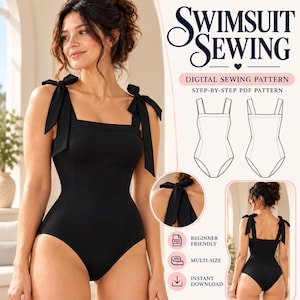 May include: A black one-piece swimsuit with tie-shoulder straps and a square neckline. The image includes text reading SWIMSUIT SEWING, DIGITAL SEWING PATTERN, STEP-BY-STEP PDF PATTERN, BEGINNER FRIENDLY, MULTI-SIZE, and INSTANT DOWNLOAD.
