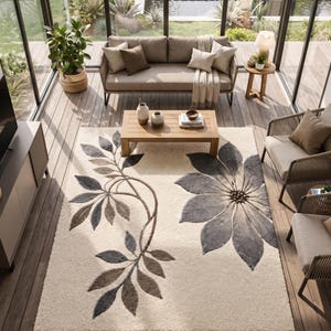 Hand Tufted Rug, Cream Gray Botanical Leaf Rug, Rectangular Floral Wool Carpet, Modern Luxury Living Room Area Rug, Contemporary Home Decor