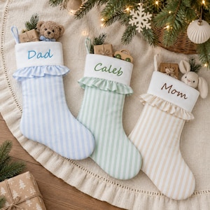 Könnte beinhalten: Drei Weihnachtsstrümpfe aus Stoff mit weißen Bündchen, bestickt mit den Namen Dad, Caleb und Mom. Die Strümpfe haben blaue, grüne und beige vertikale Streifen mit Rüschenbesatz und enthalten jeweils ein kleines Spielzeug und ein Geschenk.
