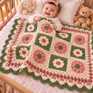 Könnte beinhalten: Eine handgefertigte Häkeldecke für Babys mit einem wiederkehrenden Muster aus quadratischen Motiven mit cremefarbenen und rosafarbenen Blüten auf salbeigrünem Grund, abgeschlossen mit einer Bogenkante in Rosa und Salbeigrün.