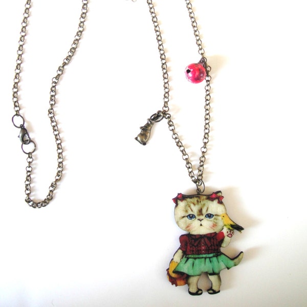 A cat with her birdie,Cat necklace, cat pendant, kitty necklace,kitty pendant, cat jewellery, cat accessories, cat lady,