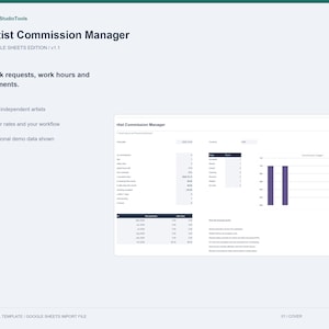 Könnte beinhalten: Eine digitale Vorlage mit dem Titel Artist Commission Manager Google Sheets Edition v1.1. Das Dokument enthält Text zur Nachverfolgung von Anfragen, Arbeitsstunden und Zahlungen sowie ein Dashboard mit Tabellen, Diagrammen und Demodaten.