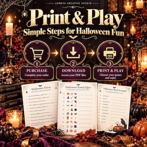 Peut inclure: Un ensemble d'activités numériques pour Halloween comprenant trois feuilles de jeux imprimables : Halloween Trivia, Halloween Emoji Quiz et Halloween Word Scramble. Le graphique inclut des instructions d'achat, de téléchargement et d'impression, sur un fond sombre et festif avec des bougies, des crânes et des citrouilles.