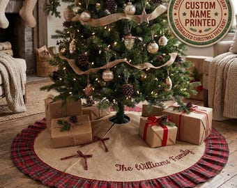 Gonna per albero di Natale personalizzata, volant scozzese rosso, decorazione natalizia con nome personalizzato
