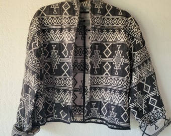 Patterned southwestern bolero jacket/aztec cropped jacket/ hipster/hippy/ Bohemian/stagecoach/80s/ Mexican textiles/blazer/western wear