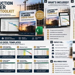 May include: A Construction Planner Starter Toolkit featuring a 12-page PDF guide and 8 editable Excel templates. The digital product includes a weekly programme review checklist, trade programme interrogation sheet, milestone tracker, and design tracker.