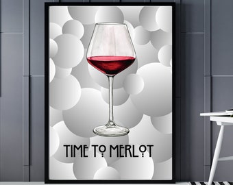 Póster de vino Merlot, decoración moderna para la pared de la cocina (descarga digital)