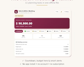 Puede incluir: La interfaz del archivo digital The MEGA Wedding Planner muestra un panel con un presupuesto de boda de $98,800.00, una cuenta regresiva de 27 días y pestañas para listas de verificación, proveedores, invitados, asientos y cronogramas.