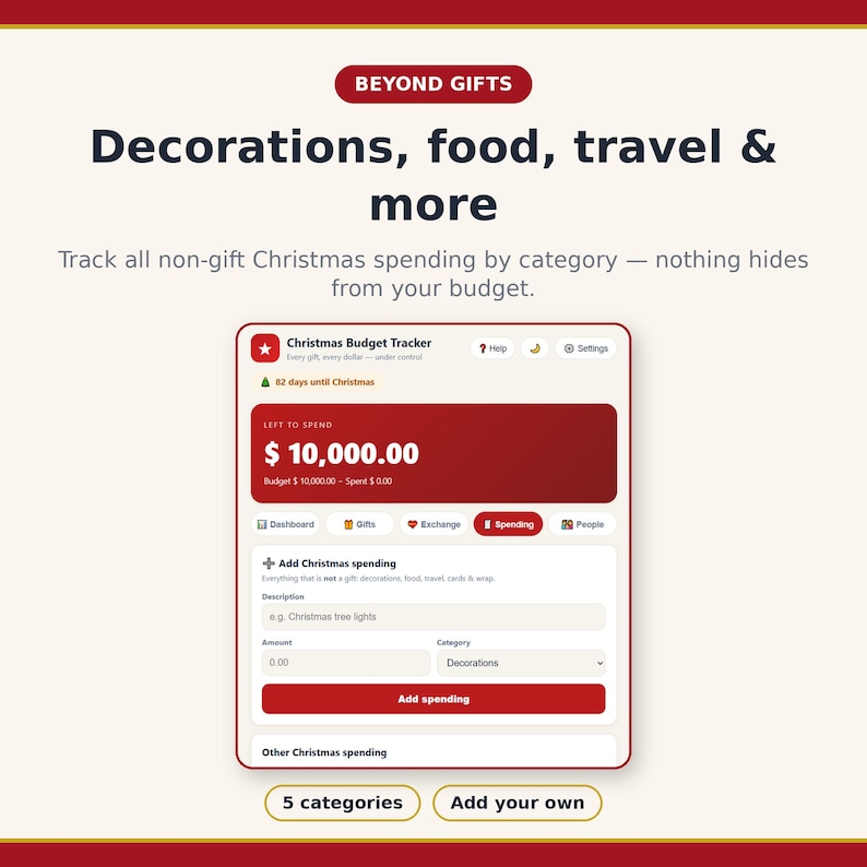Puede incluir: Una interfaz digital de seguimiento de presupuesto navide&ntilde;o con un esquema de colores rojo y blanco. La pantalla muestra texto que incluye Beyond Gifts, Decorations, food, travel & more, y un formulario de gastos con campos de descripci&oacute;n y categor&iacute;a.