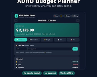 ADHD Budget Planner HTML, Safe to Spend Calculator, Interactive Budget Tracker, Offline Money Planner, No App Needed