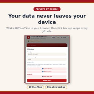 Puede incluir: Una interfaz digital para una aplicaci&oacute;n de seguimiento de presupuesto navide&ntilde;o. La pantalla muestra un men&uacute; de configuraci&oacute;n con opciones de moneda, presupuesto total y controles de copia de seguridad, incluyendo botones de descarga y borrado.