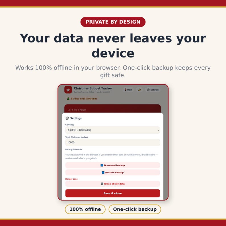 Puede incluir: Una interfaz digital para una aplicaci&oacute;n de seguimiento de presupuesto navide&ntilde;o. La pantalla muestra un men&uacute; de configuraci&oacute;n con opciones de moneda, presupuesto total y controles de copia de seguridad, incluyendo botones de descarga y borrado.