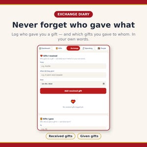 Puede incluir: Una interfaz digital titulada EXCHANGE DIARY con el texto Never forget who gave what. La pantalla muestra un formulario para registrar regalos recibidos y entregados, con campos de entrada para el remitente, la descripci&oacute;n del regalo y la fecha.