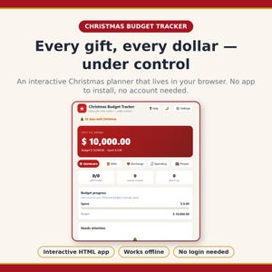 Puede incluir: Una interfaz digital de seguimiento de presupuesto navide&ntilde;o en una pantalla. El panel muestra un encabezado rojo con el texto $10,000.00, pesta&ntilde;as de navegaci&oacute;n para regalos y gastos, y una barra de progreso. El texto dice Every gift, every dollar.