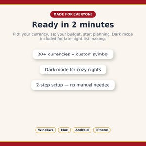 Puede incluir: Un gr&aacute;fico informativo digital con fondo crema y detalles en rojo oscuro. El texto dice: MADE FOR EVERYONE, Ready in 2 minutes, Pick your currency, set your budget, start planning. Dark mode included for late-night list-making. 20+ currencies + custom symbol, Dark mode for cozy nights, 2-step setup &mdash; no manual needed. Botones inferiores: Windows, Mac, Android, iPhone.