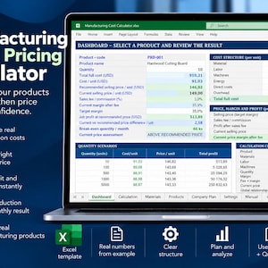 Calculadora de costes de fabricación y precios / Plantilla de cálculo de costes en Excel para pequeños fabricantes