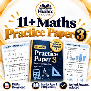May include: A digital download of Huda's Academy 11+ Maths Practice Paper 3 for ages 9-11. The set includes exam-style questions, a section for multiple choice, a section for reasoning, and a document containing worked answers for 50 questions.