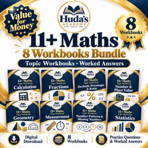 May include: A bundle of eight 11+ Maths workbooks from Huda's Academy, featuring topic workbooks and worked answers. The covers are blue and gold, displaying titles like Calculation, Fractions, Decimals, Percentages & Ratio, Number & Place Value, Geometry, Measurement, Number Patterns & Missing Numbers, and Statistics.