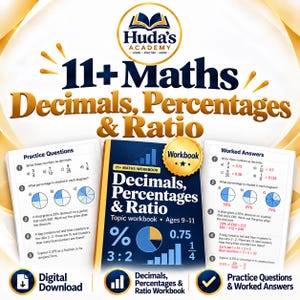 Könnte beinhalten: Ein Huda's Academy 11+ Mathe-Arbeitsbuch mit dem Titel Decimals, Percentages & Ratio für 9- bis 11-Jährige. Das Cover zeigt ein Kreisdiagramm, ein Balkendiagramm und mathematische Symbole. Zwei beiliegende Seiten zeigen Übungsaufgaben.