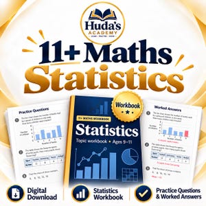 May include: Huda's Academy 11+ Maths Statistics workbook for ages 9-11. The cover is dark blue with white text and a gold seal. It includes practice questions, worked answers, and charts showing bar graphs and data tables for students.