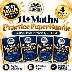 May include: A Huda's Academy 11+ Maths Practice Paper Bundle featuring four individual practice papers. The blue and gold graphic includes text stating Best Value For Money, 4 Papers, and Contains Practice Papers 1, 2, 3 & 4. Each paper cover displays the Huda's Academy logo, exam style questions with worked answers, and maths icons.