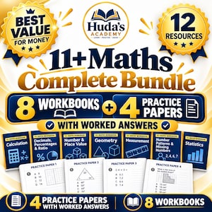 Puede incluir: Un paquete completo de matemáticas 11+ de Huda's Academy con 12 recursos, incluyendo 8 libros de trabajo y 4 exámenes de práctica con respuestas explicadas. El gráfico muestra títulos como Cálculo, Decimales, Porcentajes y Ratio, Geometría y Estadística.