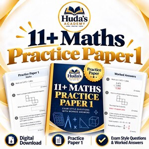 May include: A Huda's Academy 11+ Maths Practice Paper 1 educational booklet featuring exam-style questions and worked answers. The cover displays a calculator, compass, and geometric shapes, with interior pages showing maths problems.