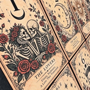 May include: A series of rectangular table number cards with a vintage parchment background. Each card features intricate black line art illustrations of skeletons, celestial bodies, and roses, with text labels including Table 1, The Lovers, and The Moon.