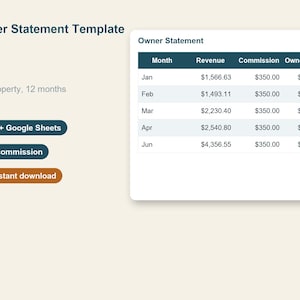 May include: An Owner Statement Template digital document featuring a table with columns for Month, Revenue, Commission, and Owner payout. The layout includes text labels for One property, 12 months, Excel + Google Sheets, Auto commission, and $12 instant download.