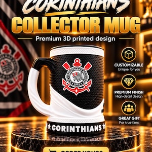 May include: A black and white collector mug featuring the Sport Club Corinthians Paulista logo, a textured surface, and the word CORINTHIANS printed on the base. The mug has a white handle and a black rim, showcasing a 3D printed design.