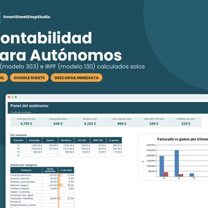 May include: A digital accounting spreadsheet for freelancers titled Contabilidad para Autónomos. It features a dashboard with IVA and IRPF tax calculations, quarterly summaries, expense categories, and a bar chart comparing income and expenses.
