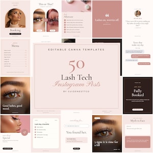 Puede incluir: Una colección de 50 plantillas editables para redes sociales destinadas a técnicos de pestañas, con una paleta de colores rosa suave y marrón. Los diseños incluyen texto, fotografías en primer plano de ojos y listas de control.