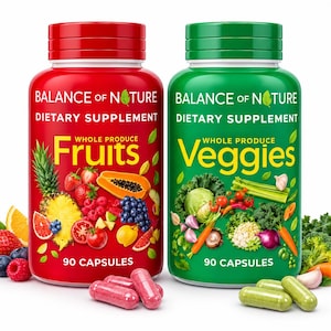May include: Two plastic bottles of Balance of Nature dietary supplements. The red bottle is labeled Fruits and features images of pineapple, strawberries, and papaya. The green bottle is labeled Veggies and features broccoli, carrots, and kale. Each bottle contains 90 capsules.