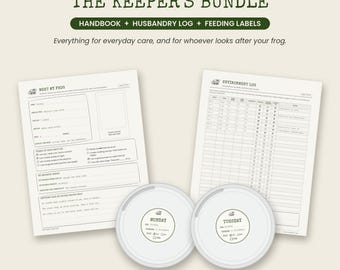 Paquete editable para el cuidado de ranas: Registro de cuidados, Manual del cuidador, Etiquetas de alimentación (PDF)