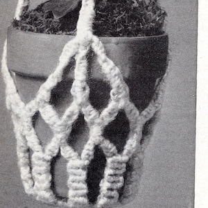 May include: A white crocheted hanging planter with a green plant inside. The planter is made of thick rope and has a diamond pattern.