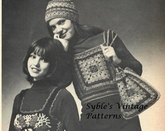 2 Tops, Hat and Tote Bag Vintage Crochet Patterns, PDF Instant Download, Boho Chic Hippie Clothes