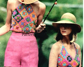 Modello vintage per top all'uncinetto Grandma Square, stile boho anni '70 (download PDF)