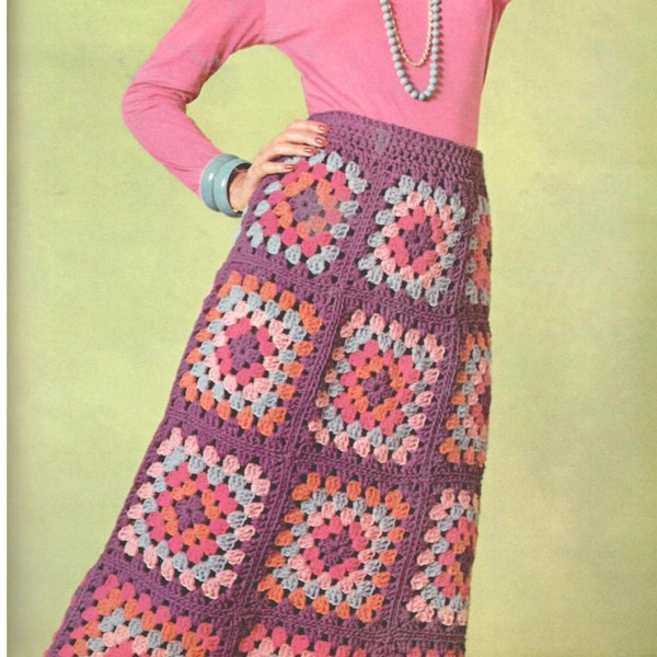Retro Granny Square Skirt Pattern, Crochet Hippie Skirt, Vintage 1970s Hippie Clothes, Hippie Clothes PDF Instant Download E Pattern