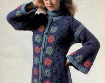 Crochet Sweater Coat Granny Squares Vintage Pattern, PDF Instant Download, Boho Chic Hippie Clothes