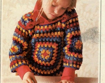 Childs Granny Square Pullover Vintage Crochet Girls Dress Pattern Instant Download PDF