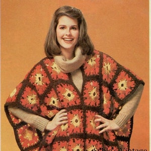 CRochet Granny Square Poncho Vintage Pattern PDF Instant Download Boho Hippie Chic Retro Womens Fashion