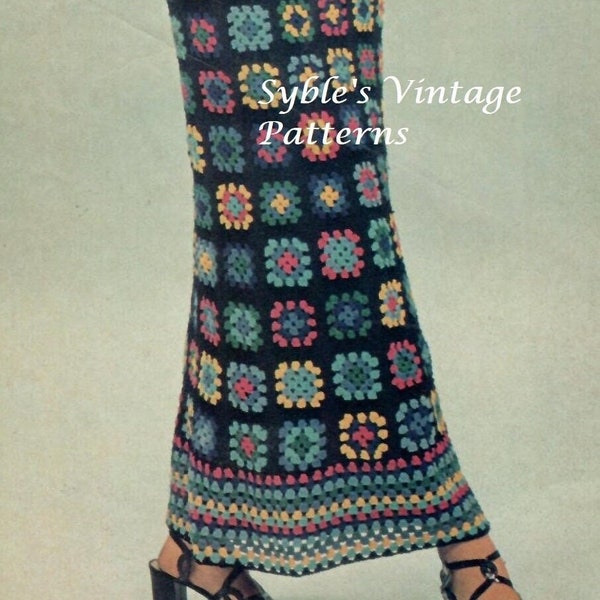 Retro Long Granny Square Skirt Pattern, Crochet Hippie Skirt, Vintage 1960s Hippie Clothes, Hippie Clothes PDF Instant Download E Pattern