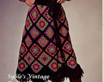 Vintage Crochet Pattern Womens Granny Square Fringed Skirt PDF Instant Digital Download Boho Hippie Chic