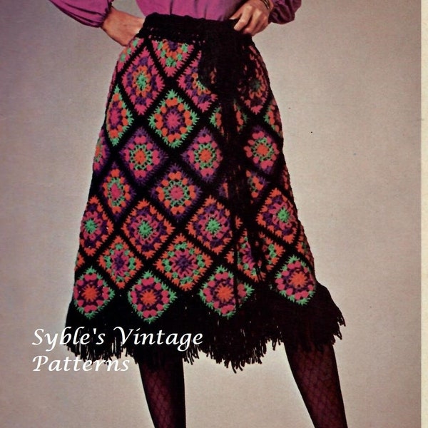 Vintage Crochet Pattern Womens Granny Square Fringed Skirt PDF Instant Digital Download Boho Hippie Chic