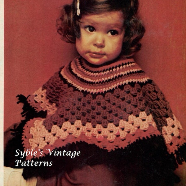 Childs Crochet Poncho Vintage Granny Square Pattern PDF Instant Download