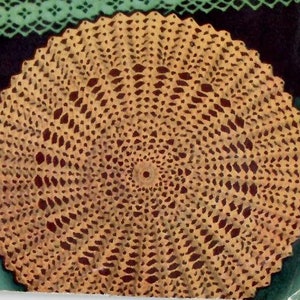 May include: A large, round, crocheted doily with a brown and beige pattern. The doily has a circular design with a center point and radiating spokes.